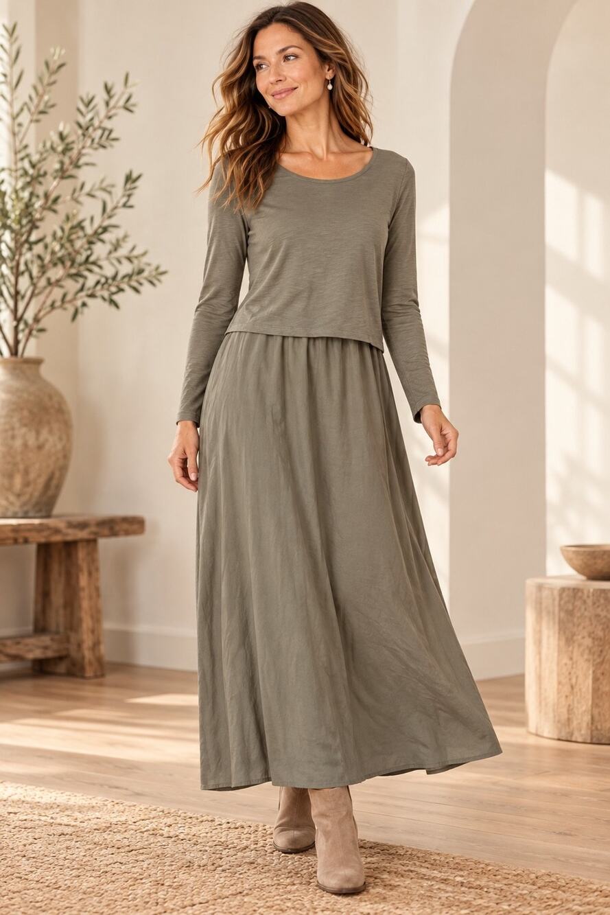 Soft Surroundings Sz Gray Green Taupe Long Sleeve Knit Maxi Dress Casual Work